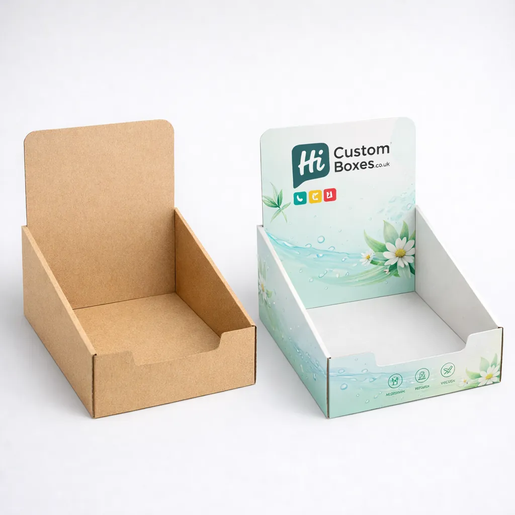 Two cardboard display boxes, one plain white and one printed with blue skin toner branding. class=